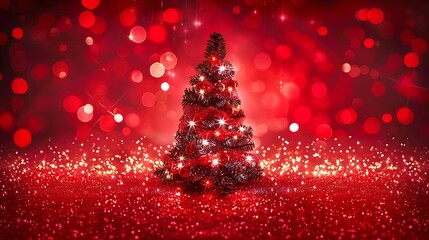 A cozy holiday scene with a radiant Christmas tree surrounded by a red canvas backdrop, enhanced by a cascade of shimmering bokeh lights for a cheerful seasonal design