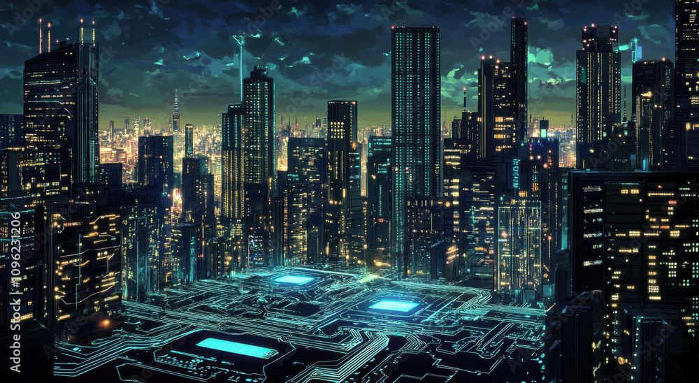 Poster digital cityscape with circuit board patterns and glowing lights, representing the next wave of ai t