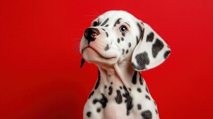 Adorable Dalmatian Puppy Against Vibrant Red Background