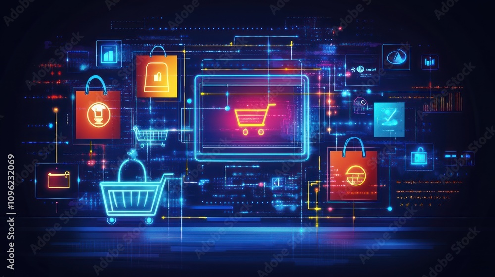 Poster digital shopping interface with icons representing e-commerce and online transactions.