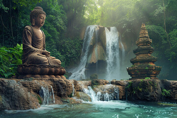 Beautiful greeting card with ancient statue great Buddha to bright holiday composition