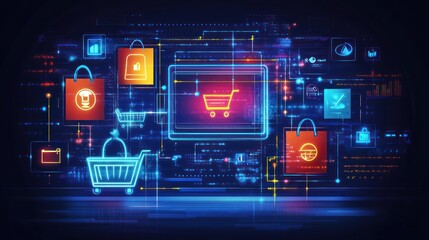 Digital shopping interface with icons representing e-commerce and online transactions.