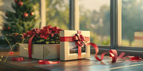 Beautifully Wrapped Gift Box with a Potted Plant
