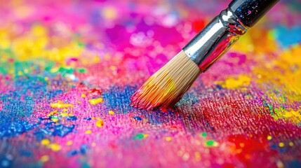 Fototapeta premium Close-up view of a paintbrush resting on a vibrant, splattered colorful surface showcasing bright hues and textures, embodying the spirit of creativity and artistic expression.