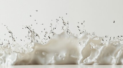 Creamy white liquid splashing and forming dynamic waves with airborne droplets, captured in high-speed photography against a light background.