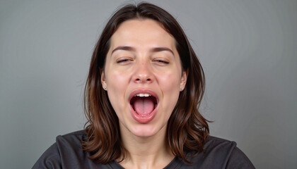Yawning woman in casual gray shirt against plain background.