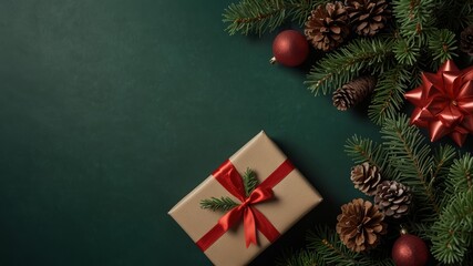Christmas flat lay composition on dark green background
