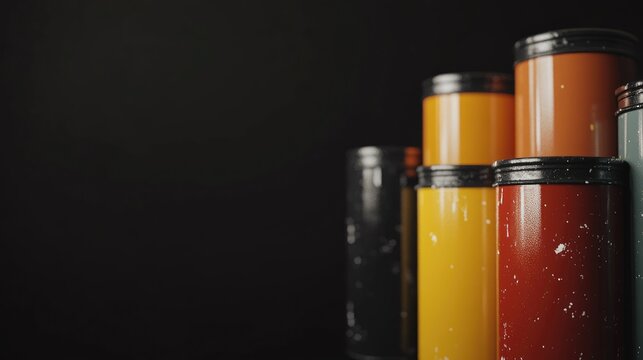 Assorted paint cans in vibrant colors stacked against a dark background, featuring a blank space for customization with text or graphics.