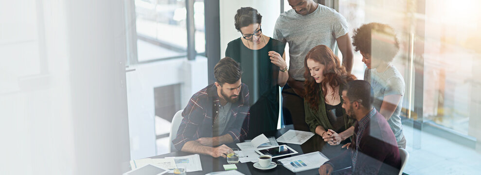 Business people, planning and office tablet, digital consultant and agency staff. Collaboration, banner and professional group with tech, paperwork and data search together with work diversity