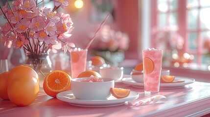 The lunch setting, with pastel colored plates, cups and food items, creates a chic and inviting dining atmosphere.