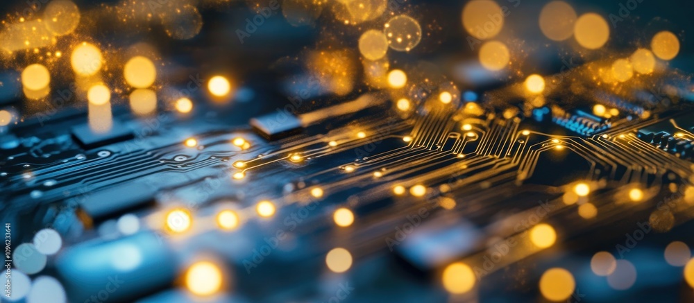 Poster illuminated circuit board close-up, showcasing intricate pathways and glowing components.