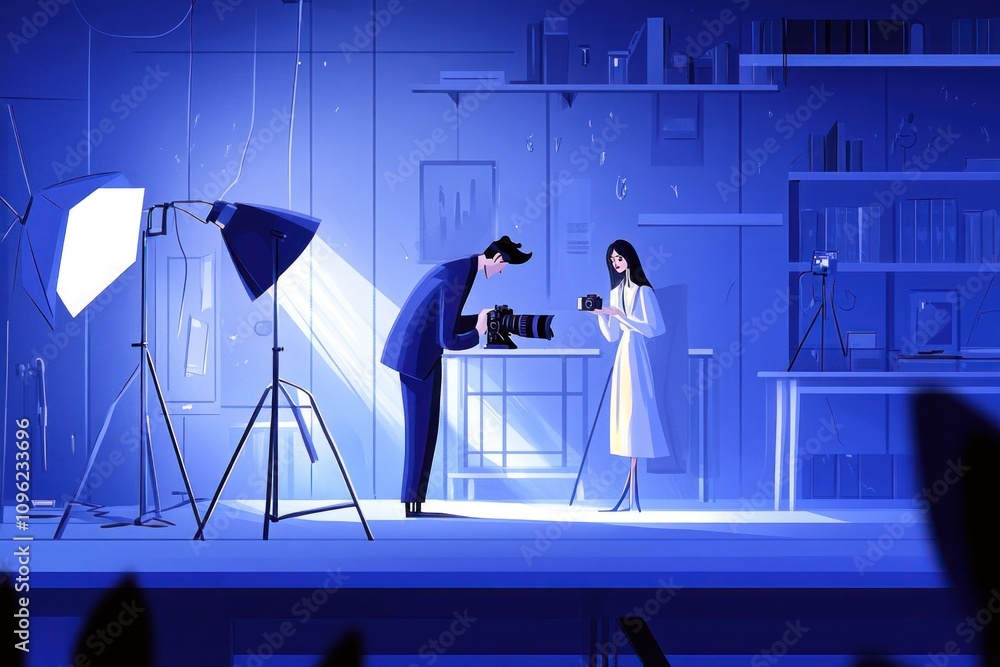 Poster a photographer and a model collaborate in a studio setting with blue lighting.
