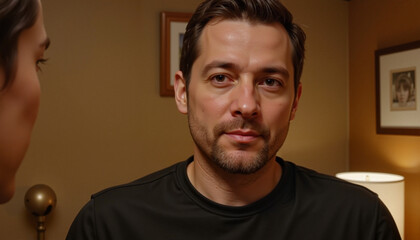 Obraz premium Serious man indoors in warm lighting.