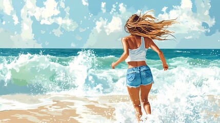 Naklejka premium A young woman joyfully running into the ocean waves on a sunny day, enjoying the fresh sea breeze and warmth at the beach, creating a sense of freedom and adventure.