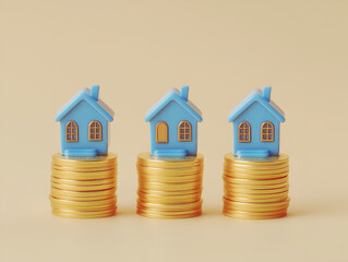 Three blue house models sit on stacks of golden coins, symbolizing real estate investment, property value, financial growth, and economic concepts in a clean and minimalist composition.