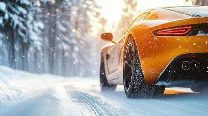 Rear view of a modern sports car racing along a snowy highway in winter