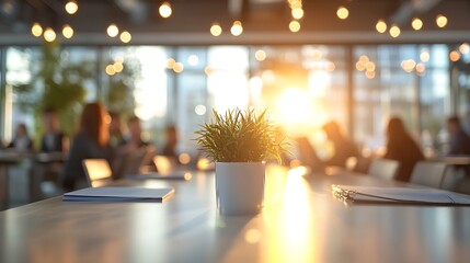 Sunlit workspace with greenery urban office interior morning light