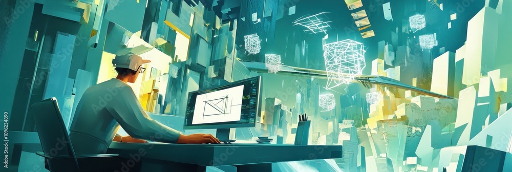 Poster a designer interacts with a futuristic interface, visualizing drone technology in a digital space.