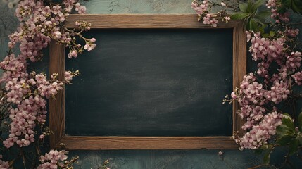 Vintage anthracite blackboard framed in wood, surrounded by delicate pink blossoms, featuring ample space for personalized messages and creative designs.