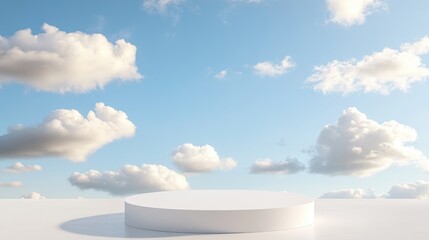 Minimalist 3D-rendered white podium situated against a vibrant blue sky adorned with soft, fluffy clouds, creating a serene and open atmosphere that's perfect for showcasing products or presentations.