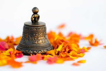 A beautiful decorative bell surrounded by vibrant flower petals. The rich details of the bell tell a story. This piece evokes a sense of tradition and culture. Generative AI