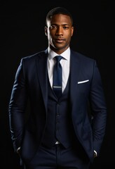 young man, formal suit, dark background, confident pose, professional attire, studio lighting, business portrait, elegant appearance, modern style
