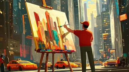 Fototapeta premium An artist paints a vibrant cityscape on an easel in a bustling urban environment.