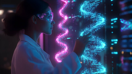 Luminous DNA structure as a scientist interacts with genetic analysis interface