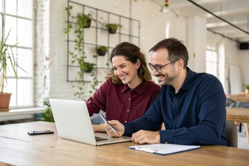 Obraz premium Business team of two executives working together using laptop in office. Happy young business woman manager showing project presentation to mature man client, investor or partner at work meeting