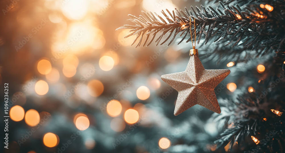 Poster sparkling star ornament hangs from a christmas tree branch illuminated by soft warm lights