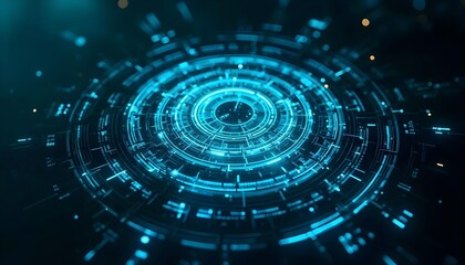 The glowing blue and cyan concentric circles and lines form futuristic, abstract sci-fi patterns,