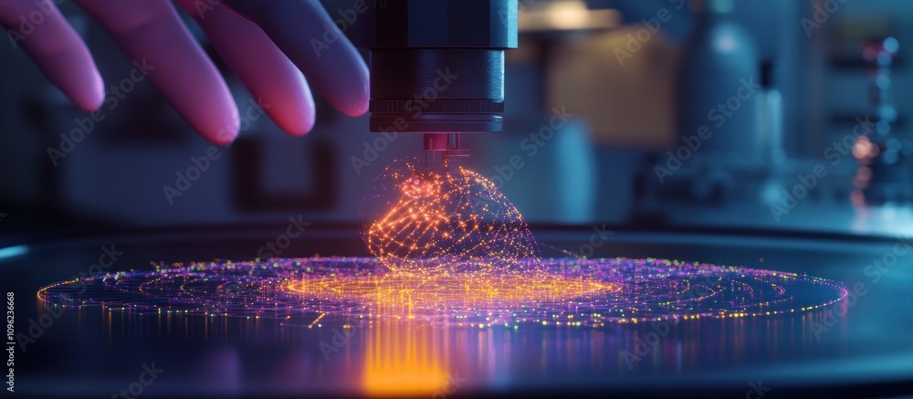 Poster hand guiding futuristic 3d printer creating glowing particle object.
