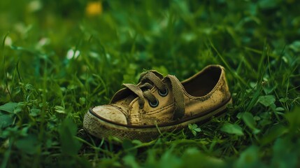 Naklejka premium A small, worn-out shoe lies on lush green grass, symbolizing the neglect and forgotten efforts of children amidst the vibrant landscape.