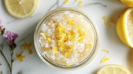 Citrus spa scrub in glass jar featuring sea salt and fresh lemon zest, surrounded by lemon slices and scattered flower petals.