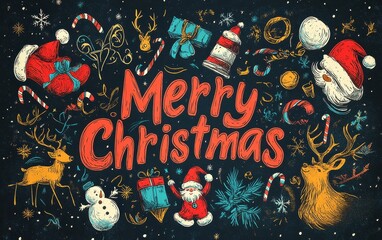Fototapeta premium A Merry Christmas Illustration Featuring Festive Elements: Reindeer, Santa, Presents, Candy Canes, and Winter Wonderland Decorations
