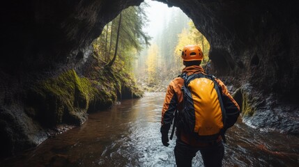 Adventurer Exploring a Misty Cave Surrounded by Lush Greenery and a Flowing River in a Stunning Natural Landscape