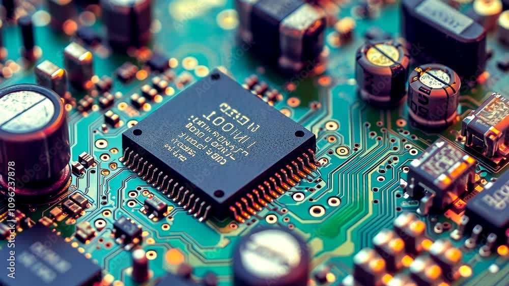 Poster close-up view of an intricate electronic circuit board displaying components and connections
