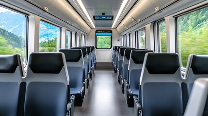 A modern, spacious train interior showcasing empty seats and panoramic windows, highlighting a serene, green landscape outside.