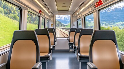 Fototapeta premium A serene view of a train's interior with empty seats, showcasing a picturesque landscape through the windows.