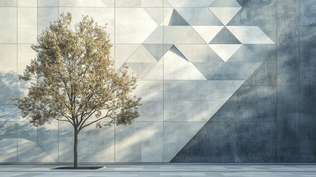 Contemporary urban scene with geometric triangular tile patterns on a gray wall, and a solitary tree casting soft shadows on the ground.