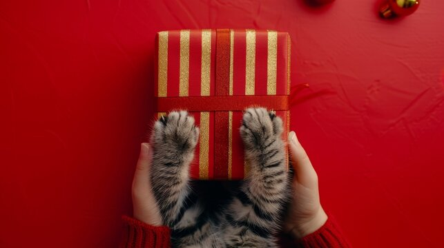 Topdown view , aerial view of a woman s hands and kitten's paws holding gift box A person is holding a cat's paw over a red box with gold trim. The cat is looking at the camera, and the scene is set