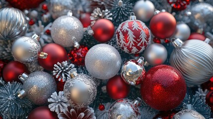 Festive holiday decorations with shiny silver, red, and white baubles amidst lush green pine create a joyful seasonal backdrop for celebrations.