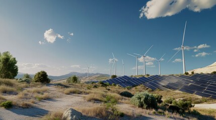 Solar and Wind Energy Farm in a Hilly Landscape
