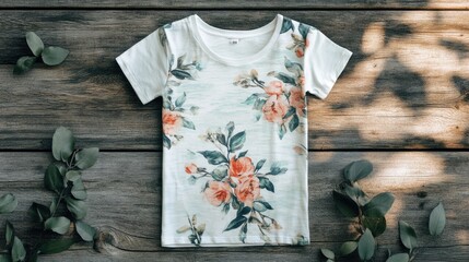 Floral print women's cotton t-shirt mockup displayed on a wooden surface with greenery, offering a flat lay view for design showcase.