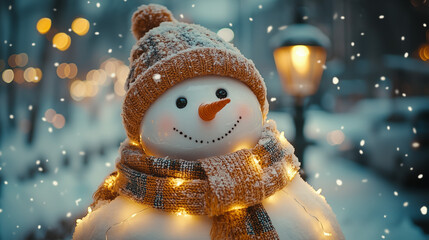 Snowman in Stylish Hat and Scarf Surrounded by Twinkling String Lights in Winter Evening