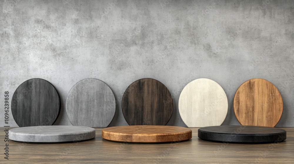 Poster modern wooden and concrete display platforms minimalist studio setting design elements
