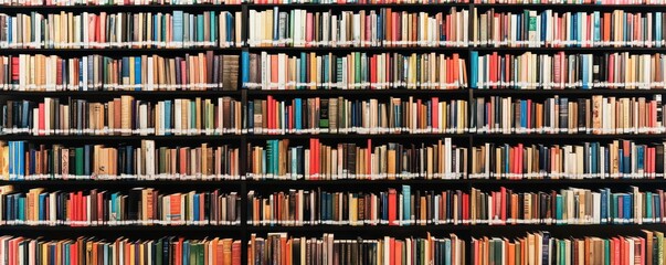 A vast collection of books organized on shelves, showcasing a variety of colors and sizes.