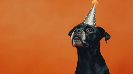 Charming black dog wearing a festive party hat against a bright orange background, perfect for greeting cards, banners, and creative designs with customizable text space.