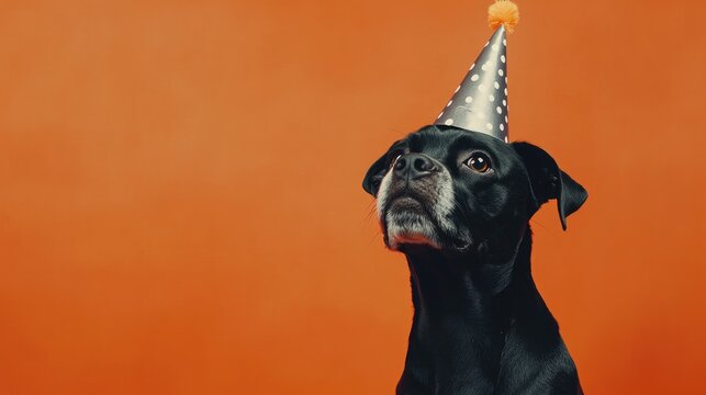 Charming black dog wearing a festive party hat against a bright orange background, perfect for greeting cards, banners, and creative designs with customizable text space.