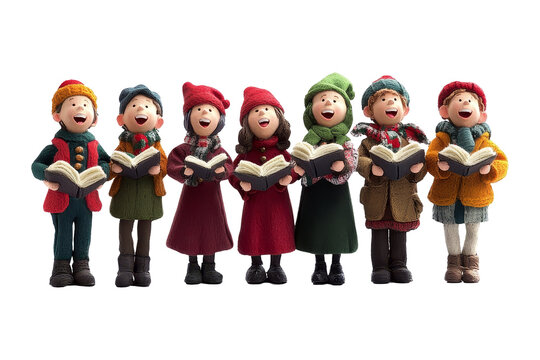 Festive caroling children holiday gathering figurine display cheerful setting joyous atmosphere